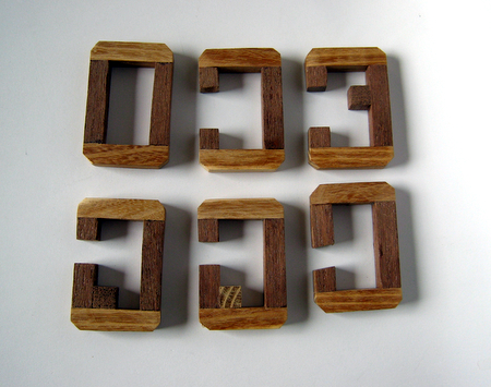 Casse-tête 6 Board Burr pieces - cliquez pour une image grand format.